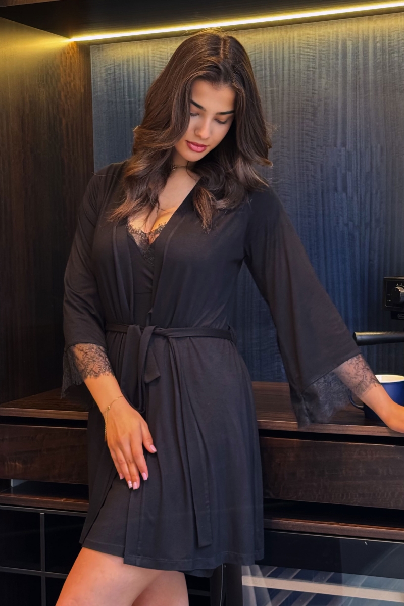 Pyjama Femme Kimono Nuisette dentelle coton viscose Glossy Envy