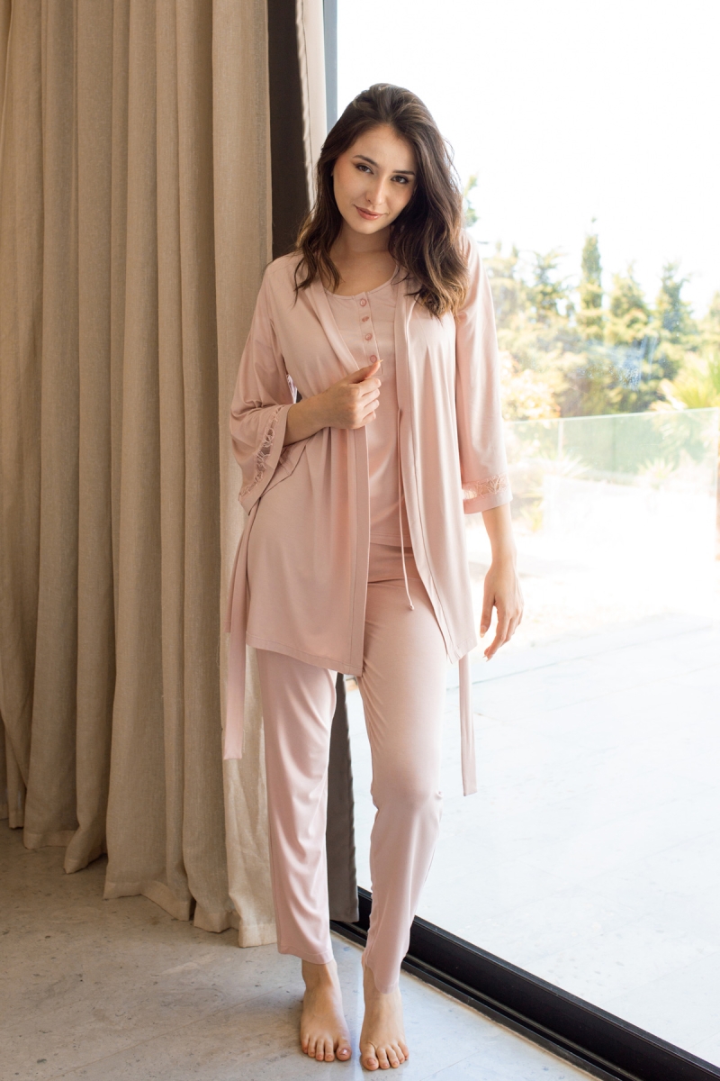 Ensemble maternité allaitement coton rose kimono top pantalon