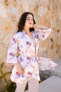 Ensemble pyjama femme 4 pièces – floral satin & coton viscose rose pastel nude