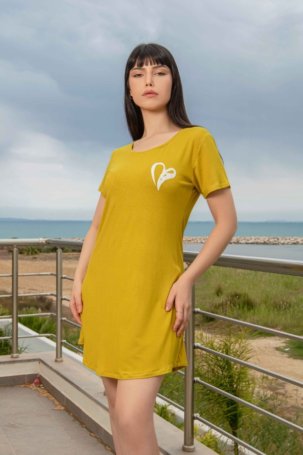 Robe pyjama courte coton viscose cœur sérigraphie en relief sur poitrine