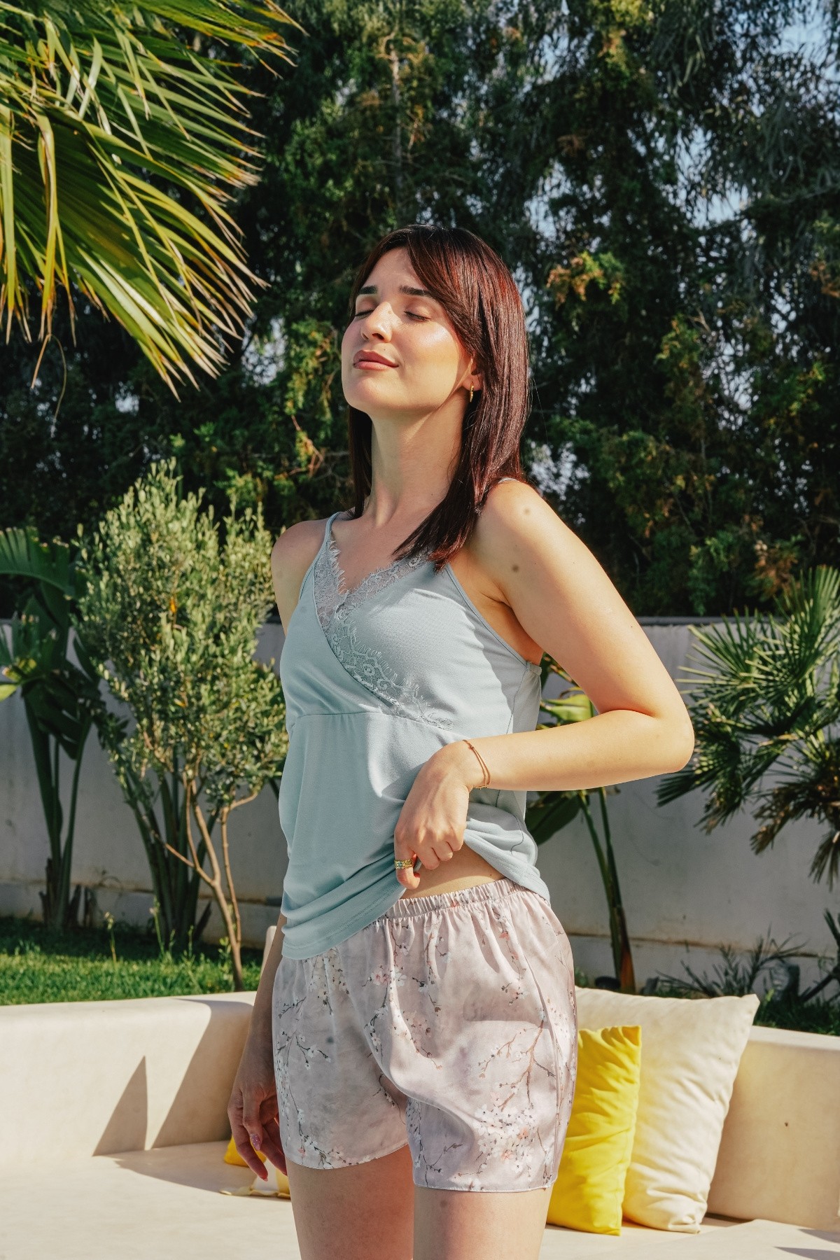 Pyjama femme 4 pièces en satin de soie et coton-viscose