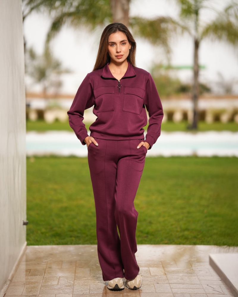 Ensemble jogging femme 2 pieces chic en scuba lycra Glossy Envy prune