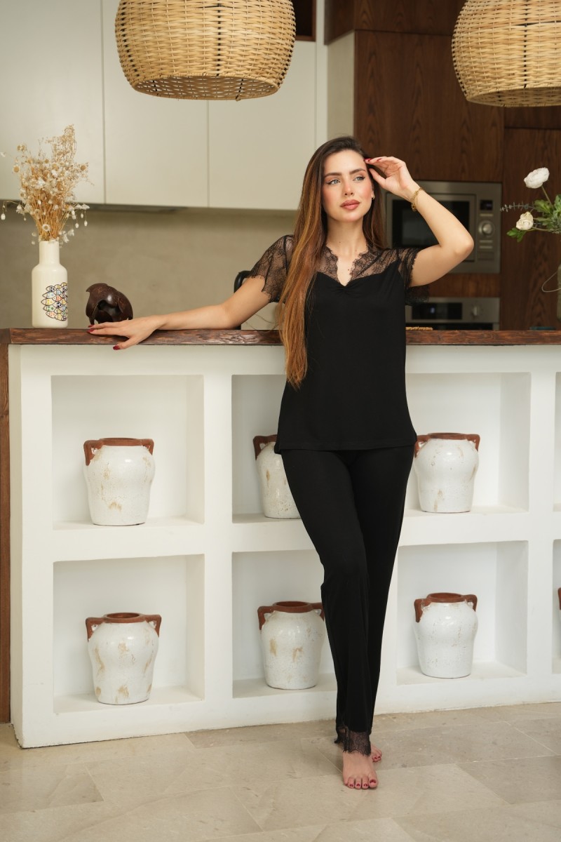Pyjama 2 pièces noir coton viscose et dentelle