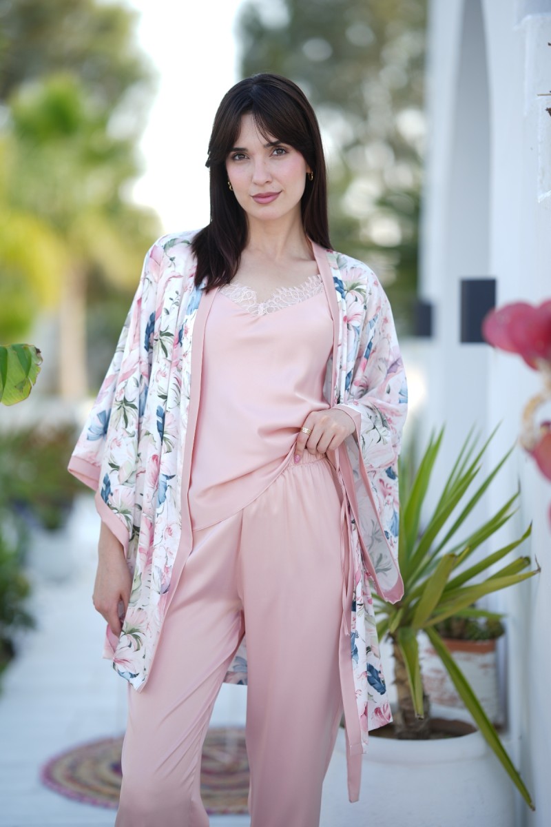 Pyjama 4 pièces satin de soie floral et uni rose