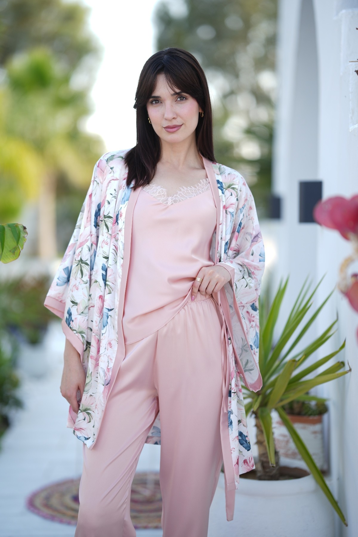 Pyjama 4 pièces satin de soie floral et uni rose