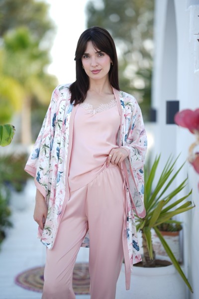 Pyjama 4 pièces satin de soie floral et uni rose