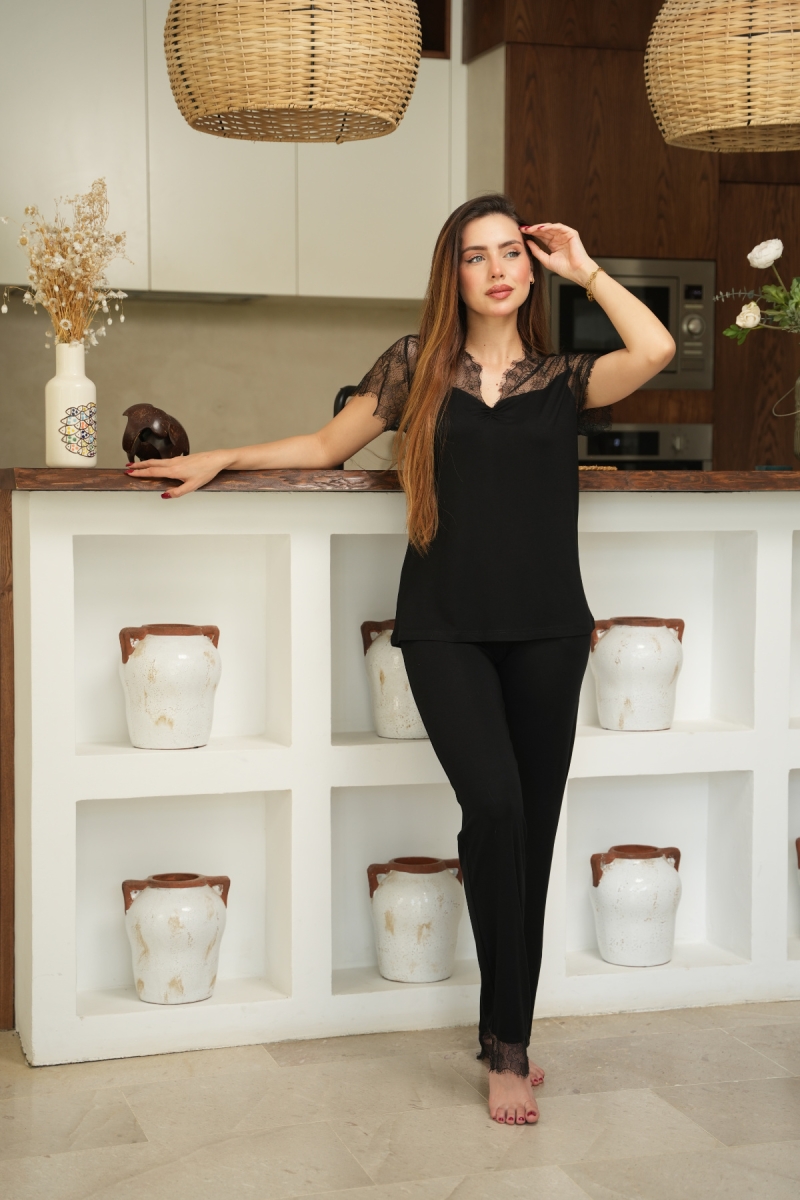 Pyjama 2 pièces noir coton viscose et dentelle