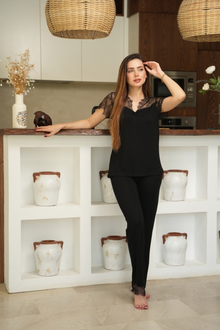 Pyjama 2 pièces noir coton viscose et dentelle