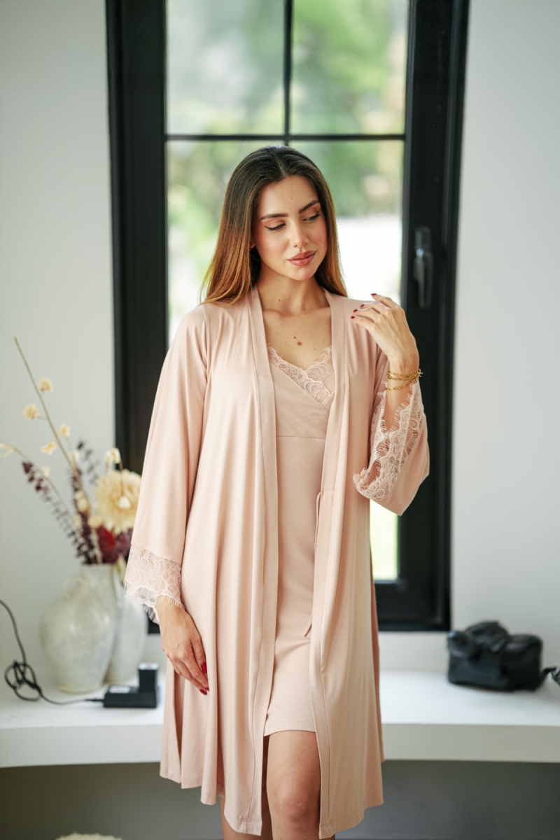 Pyjama 2 pièces maternité nude en coton viscose et dentelle
