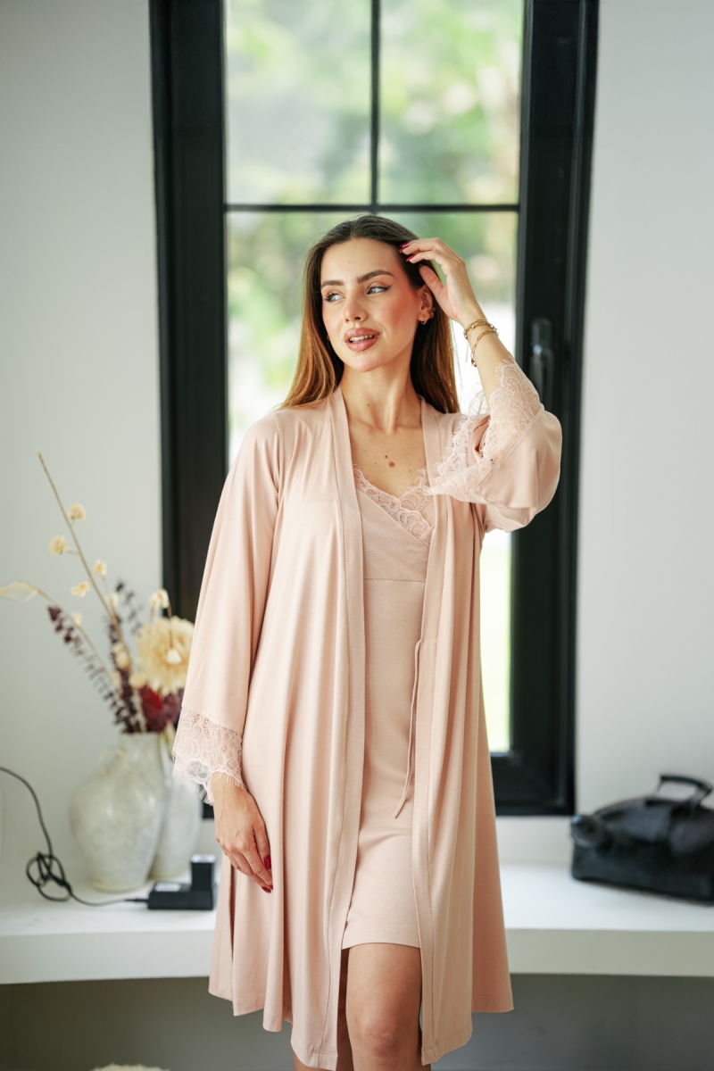 Pyjama 2 pièces maternité nude en coton viscose et dentelle
