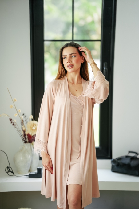 Pyjama 2 pièces maternité nude en coton viscose et dentelle
