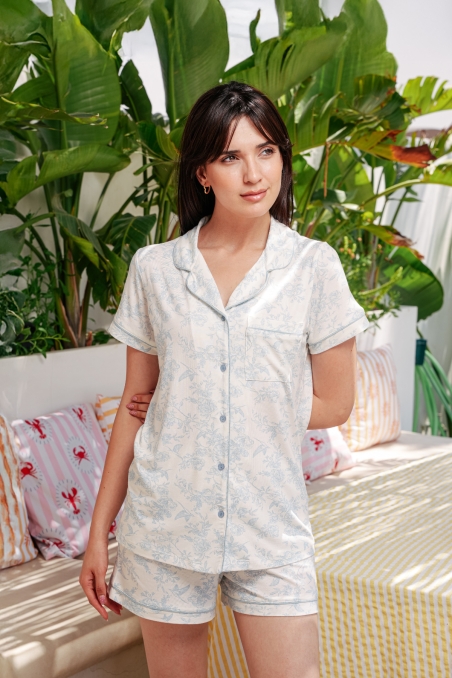 Pyjama 2 pièces bleu - chemise boutonnée et short en coton viscose imprimé