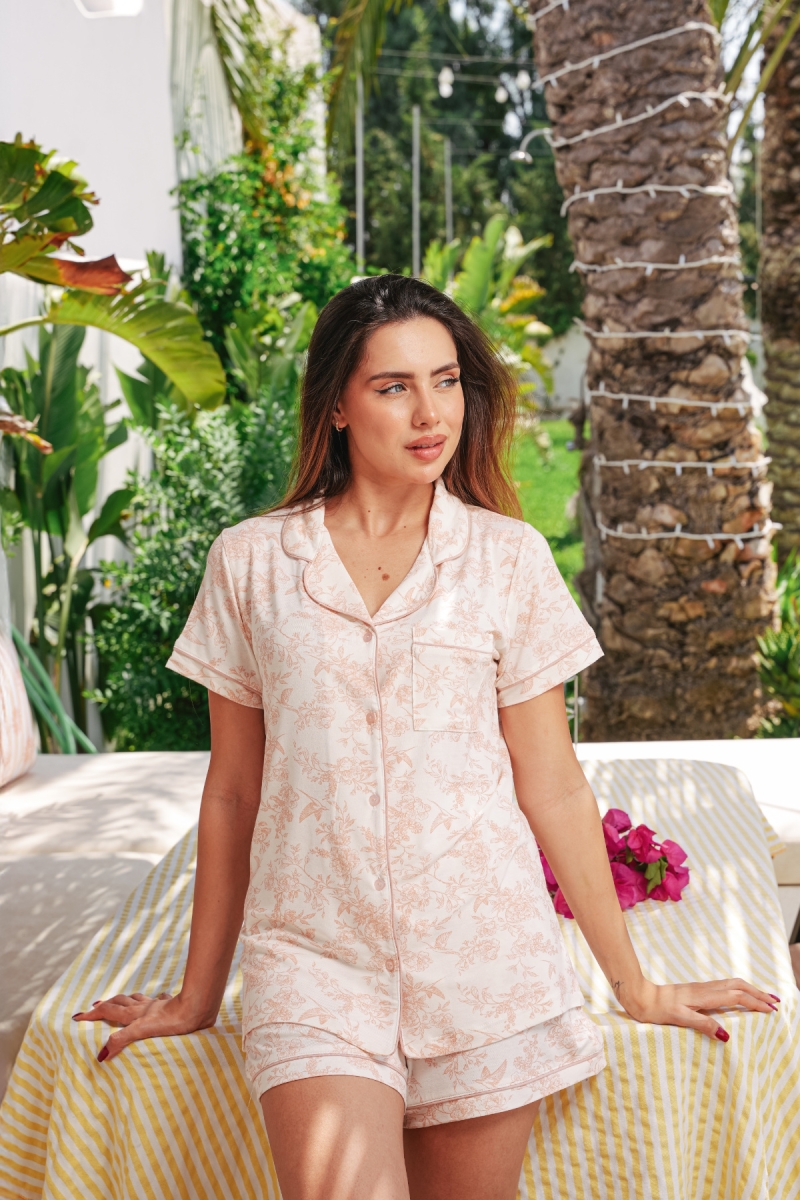 Pyjama 2 pièces rose - chemise boutonnée et short en coton viscose imprimé