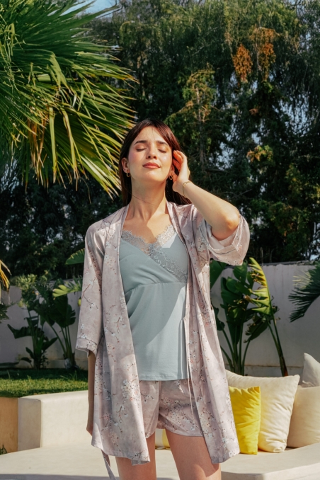 Pyjama 4 pièces vert d'eau coton viscose et satin de soie