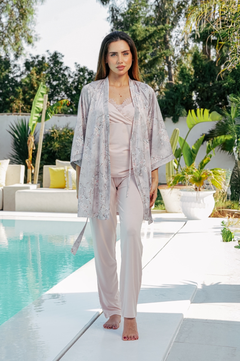 Pyjama 4 pièces pêche en satin et coton viscose