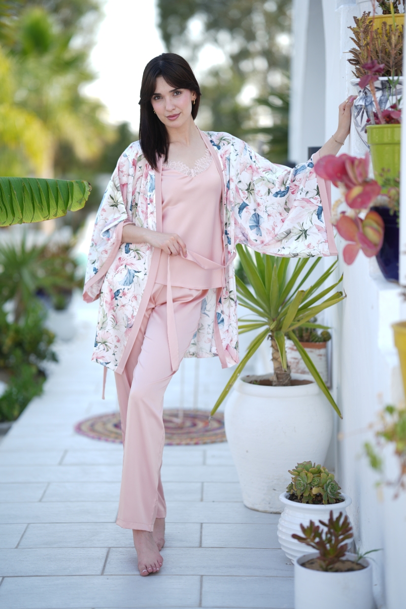 Pyjama 4 pièces satin de soie floral et uni rose