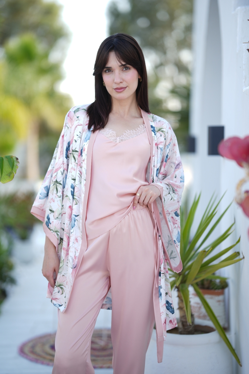 Pyjama 4 pièces satin de soie floral et uni rose
