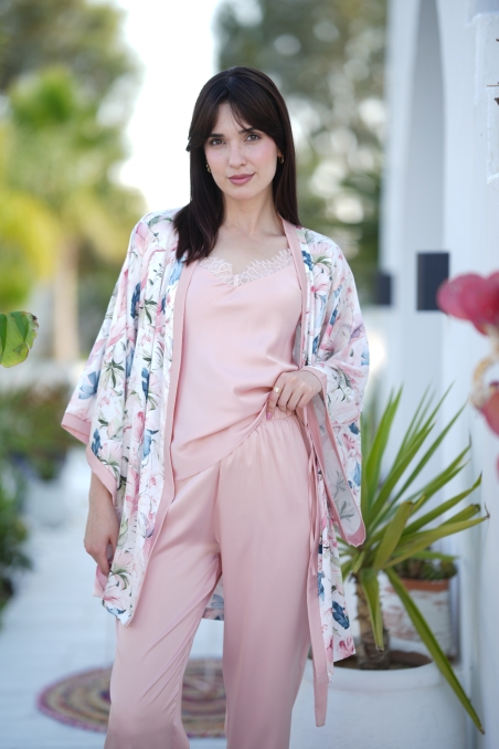 Pyjama 4 pièces satin de soie floral et uni rose