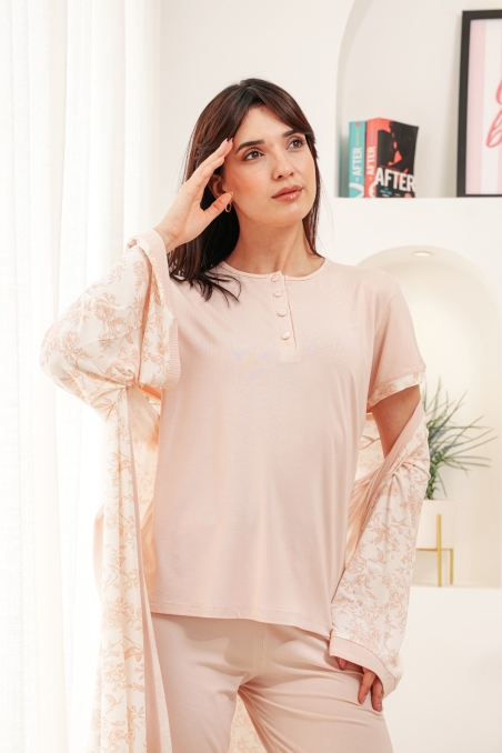 Pyjama 4 pièces coton viscose rose - t-shirt, short, pantalon, kimono