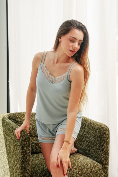 Pyjama caraco femme 2 pièces en coton-viscose et dentelle