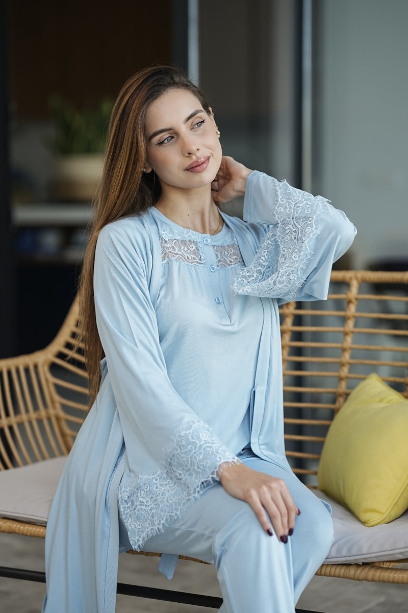 Pyjama maternité bleu ciel avec kimono et haut boutonné, ensemble doux et confortable Glossy Envy