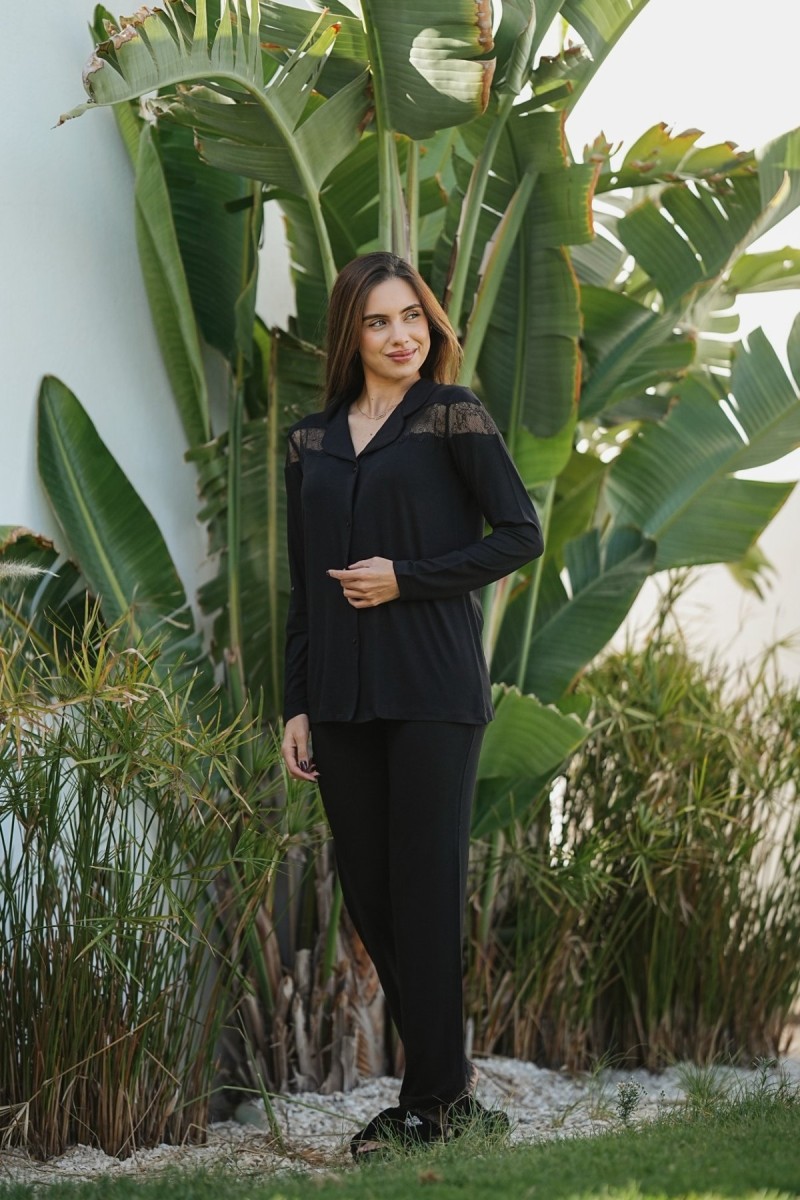 Pyjama 2 pièces noir boutonné femme – haut & pantalon confortable Glossy Envy
