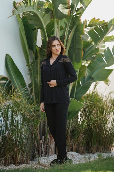 Pyjama 2 pièces noir boutonné femme – haut & pantalon confortable Glossy Envy