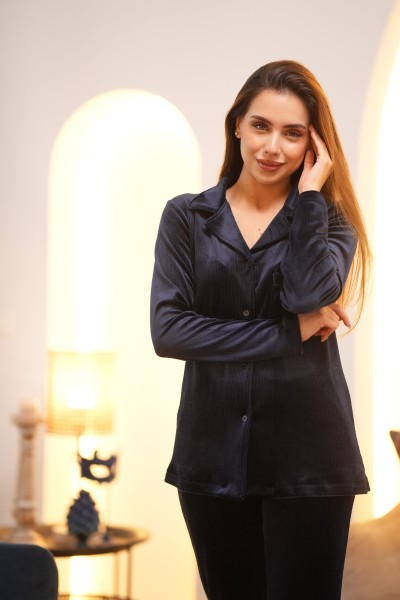 Ensemble pyjama femme velours rayé | Homewear chic – Glossy Envy Tunisie