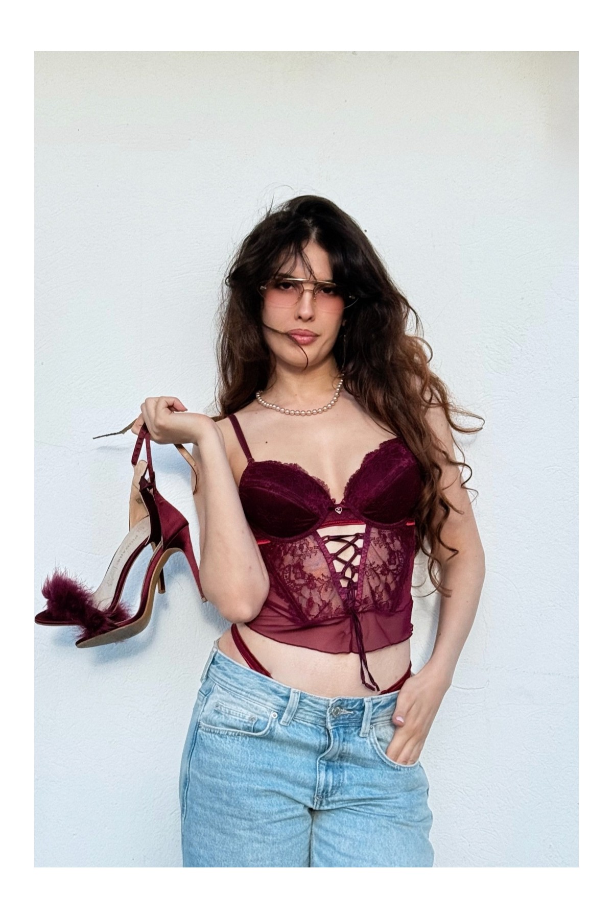 Ensemble lingerie sexy 2 pièces aubergine - Top corsette & String