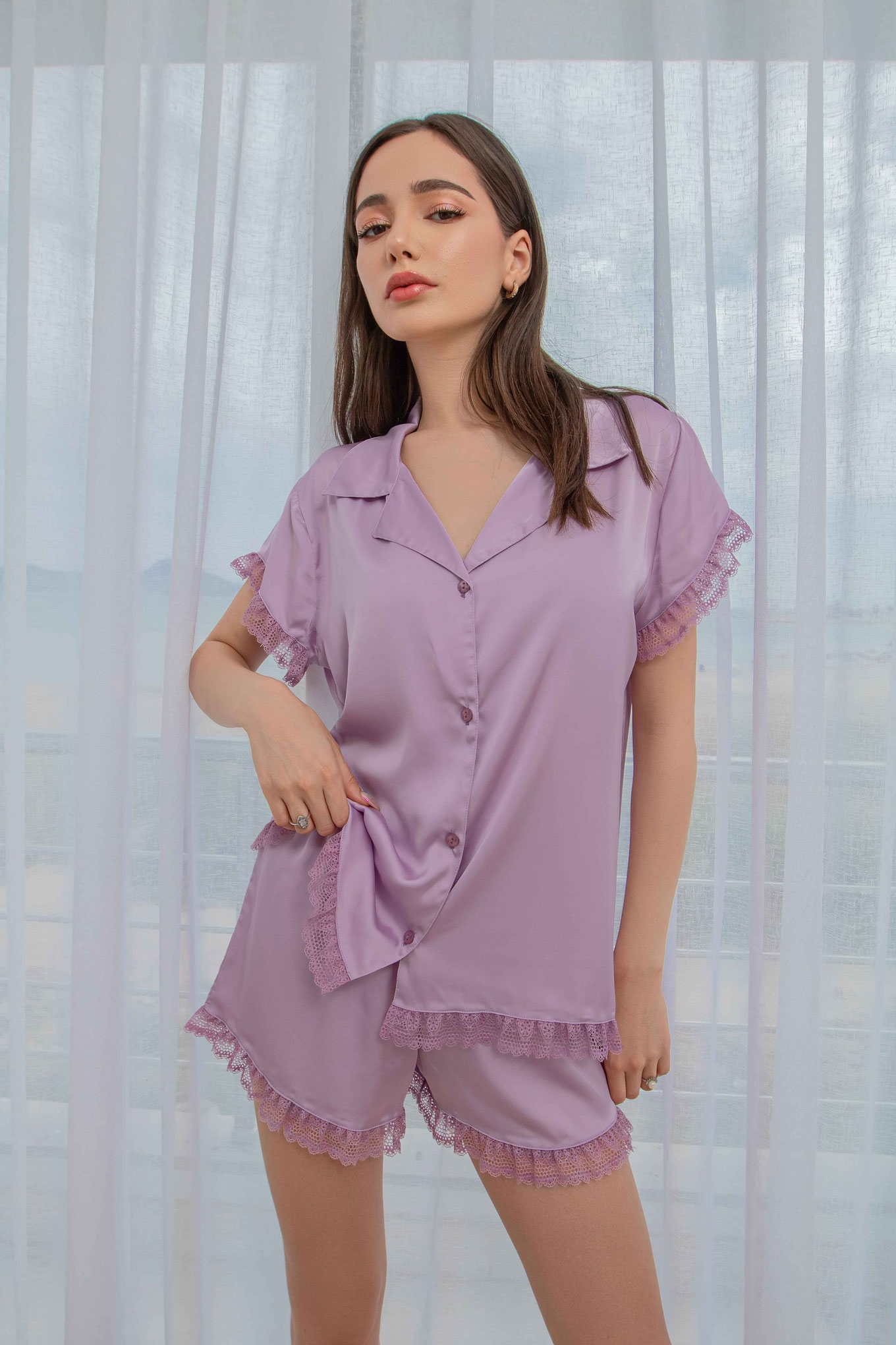Ensemble Pyjama Femme 2 Pièces en Satin de Soie